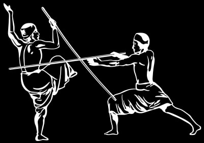 Silambam showing two people one in Nataraj Nilayi, another in Aligh (wan-de)