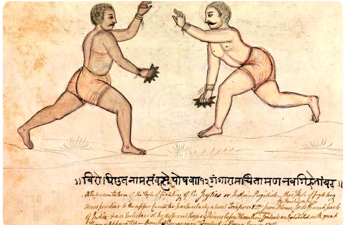 Jethi (ज्येष्ठी) fighting with the वज्र-मुष्टि in the same spirit as the famous Malla-yudha of Mahabharata times — painted at Poona, January 1792